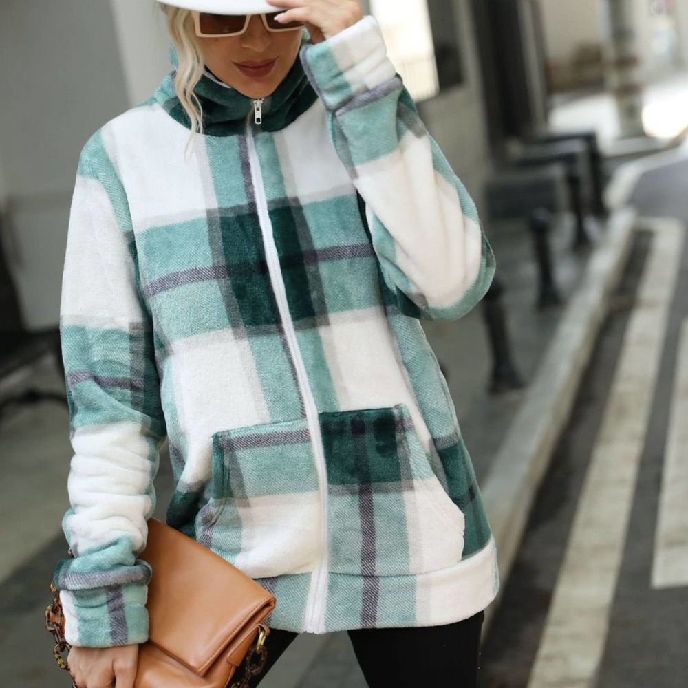 Zipper Front Plaid Print Jacket - Picture 2 of 6